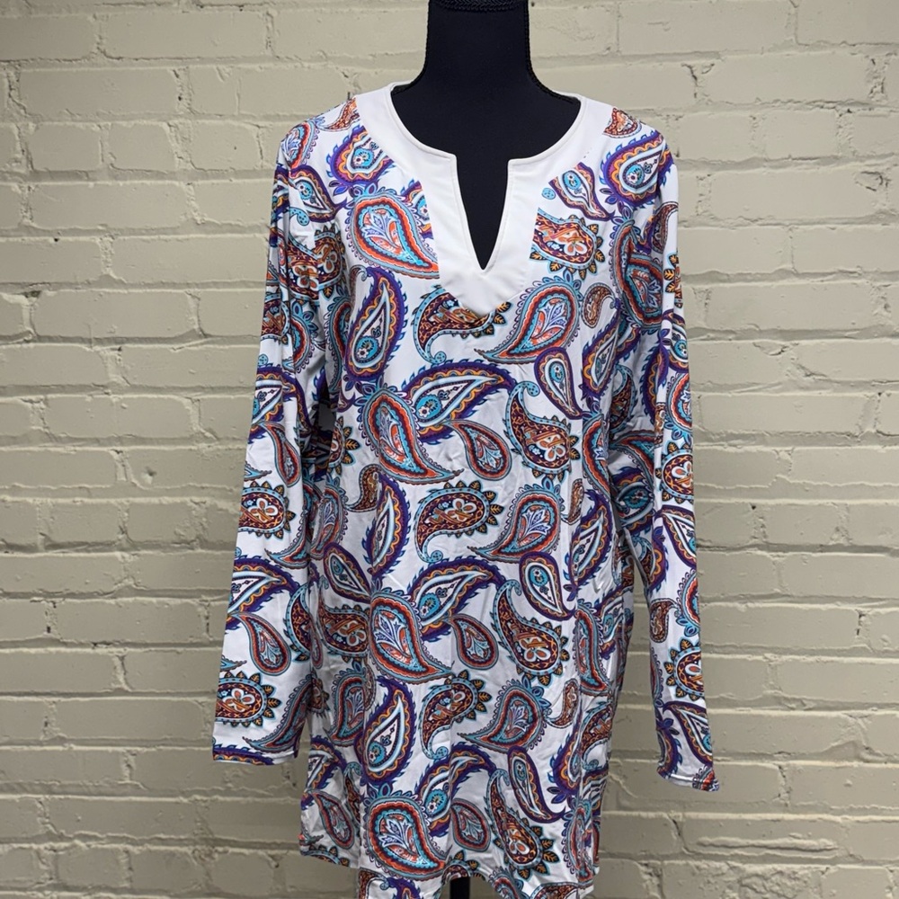 Lands’ End Paisley Long Sleeve Tunic Top Coverup, Size XL (18)